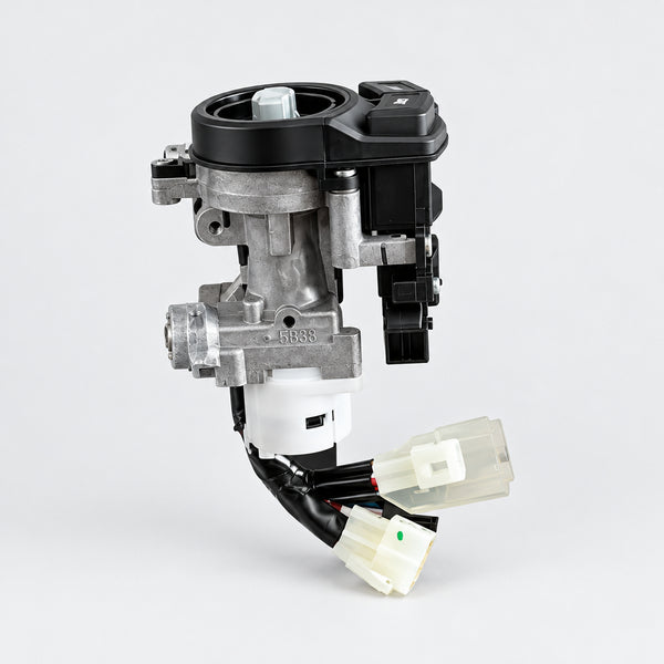 A used Yamaha motorcycle ignition switch assembly with wiring connectors, resting on top of its original cardboard packaging and shipping material against a white background.